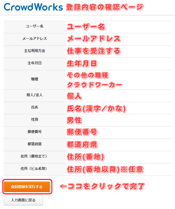 【CrowdWorks】クラウドワークス登録内容の確認ページ
